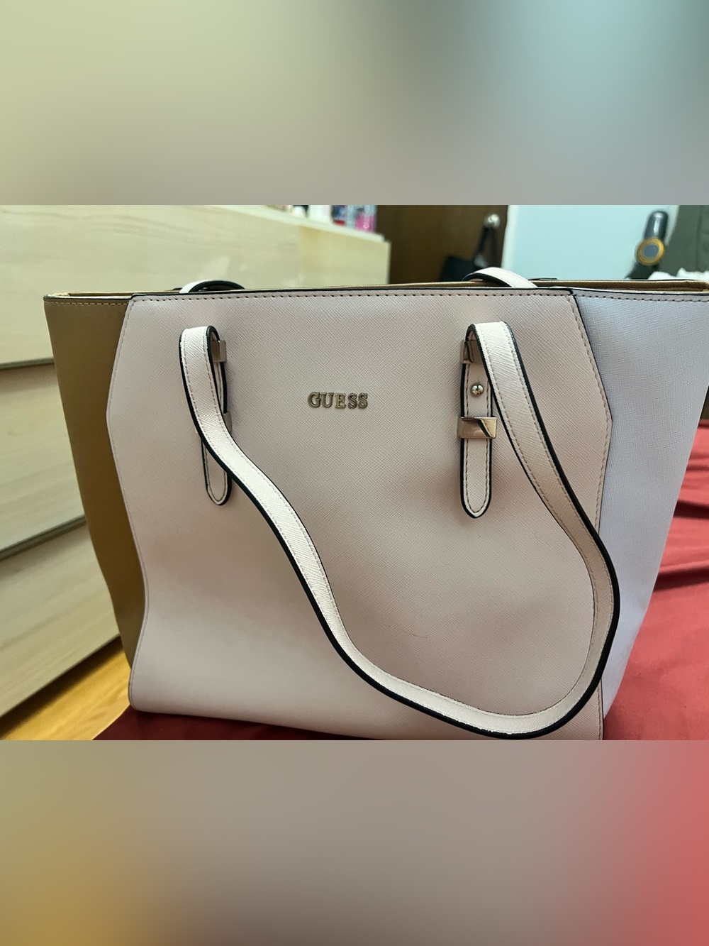 GUESS Cream Saffiano Satchel with Gold-Tone Logo